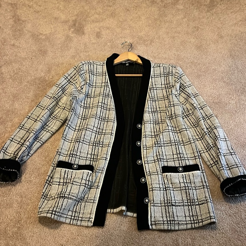 Karl Lagerfeld Black and White Plaid Tweed Cardigan Jacket